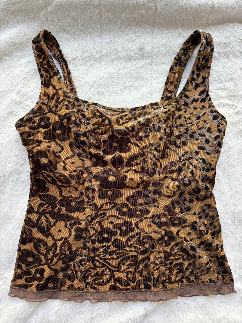 Papillon Blanc Velvet Burnout Floral Leopard Mesh Trim Cami Top - S